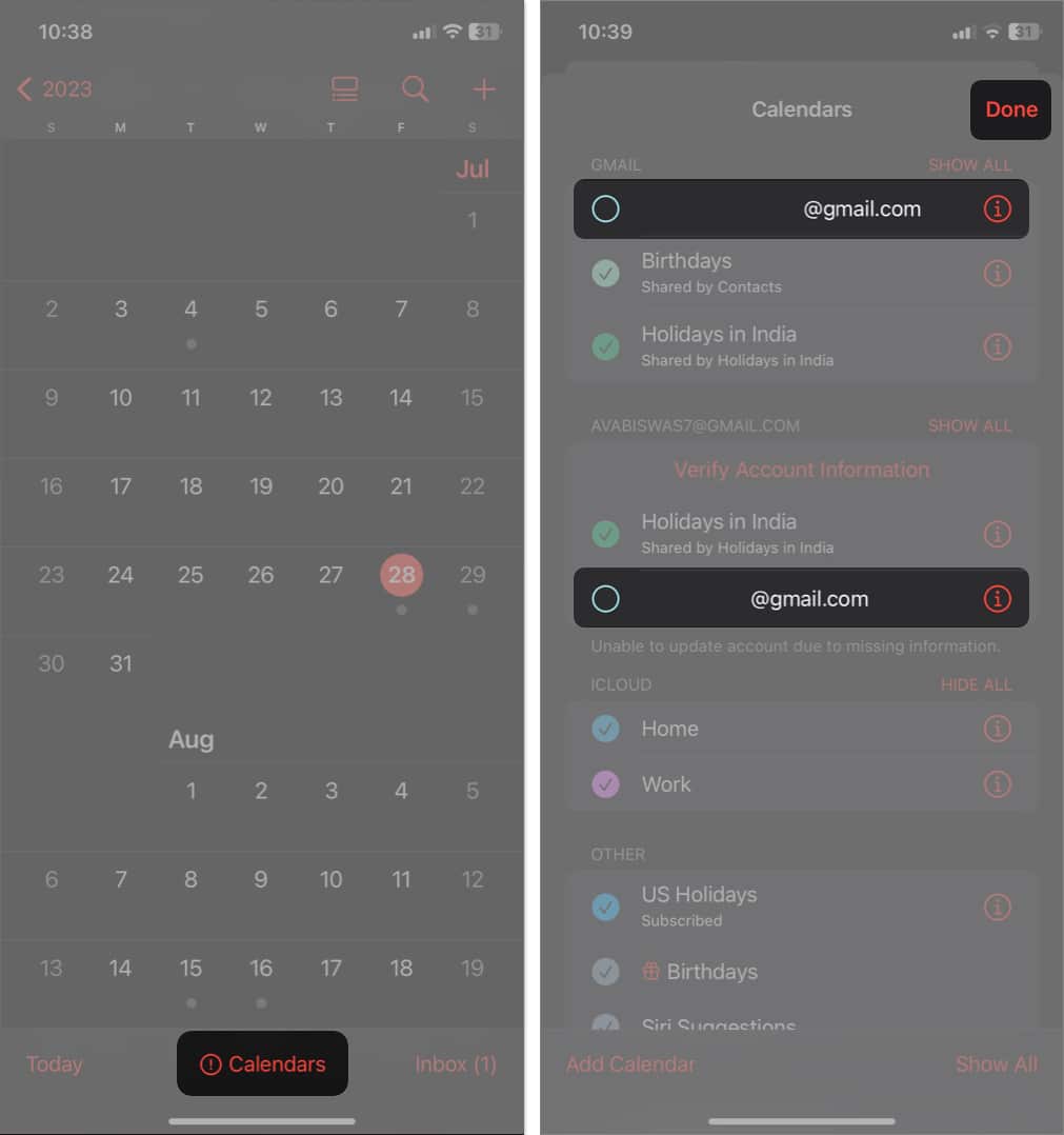 tap calendars uncheck gmail addresses tap done in calendars