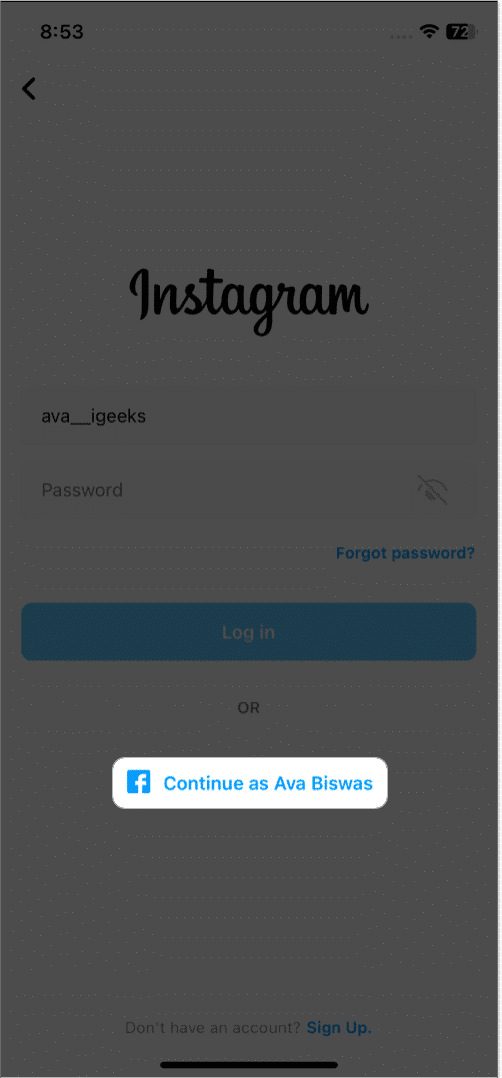 tap continue as your name in instagram login page