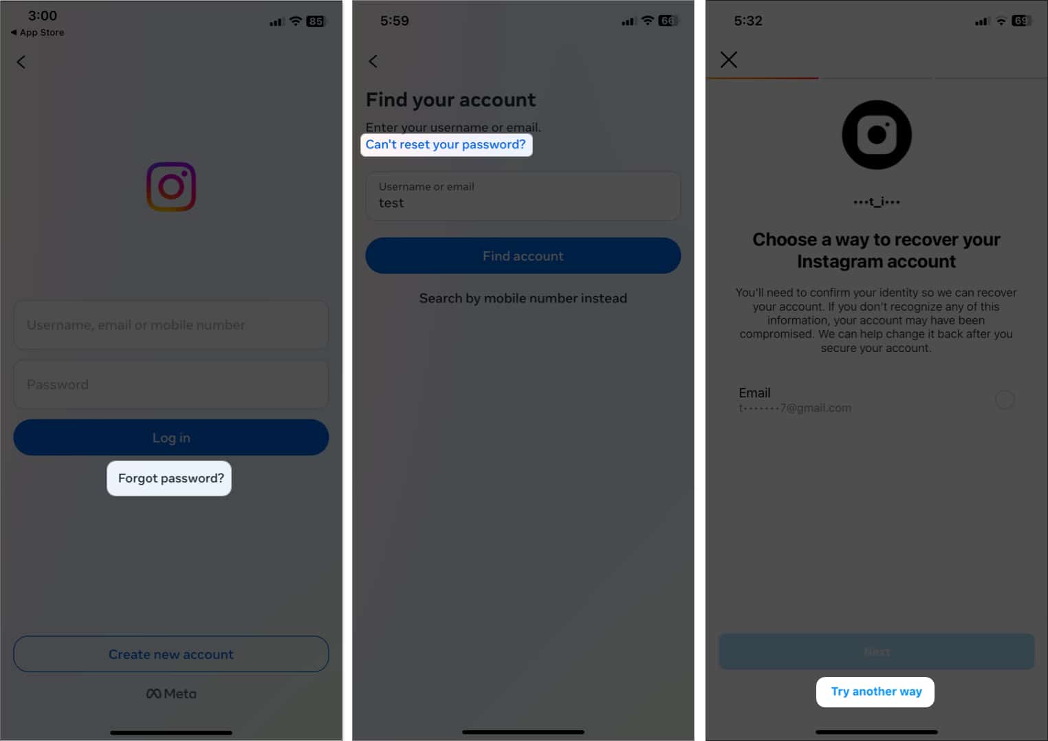 tap forgot password enter your username select can't reset password, try another way in instagram