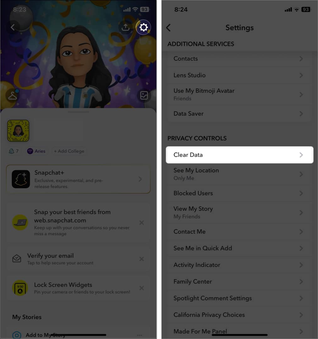 tap gear icon, select clear data in snapchat