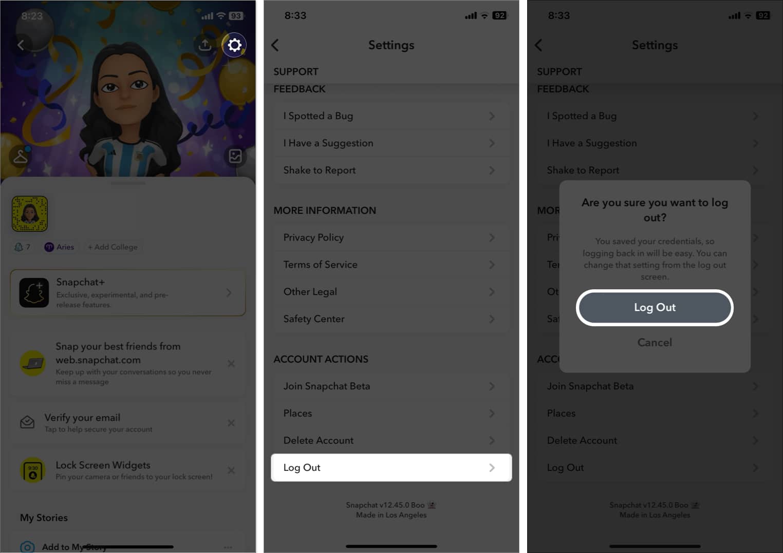 tap gear icon, select log out, tap log out in snapchat