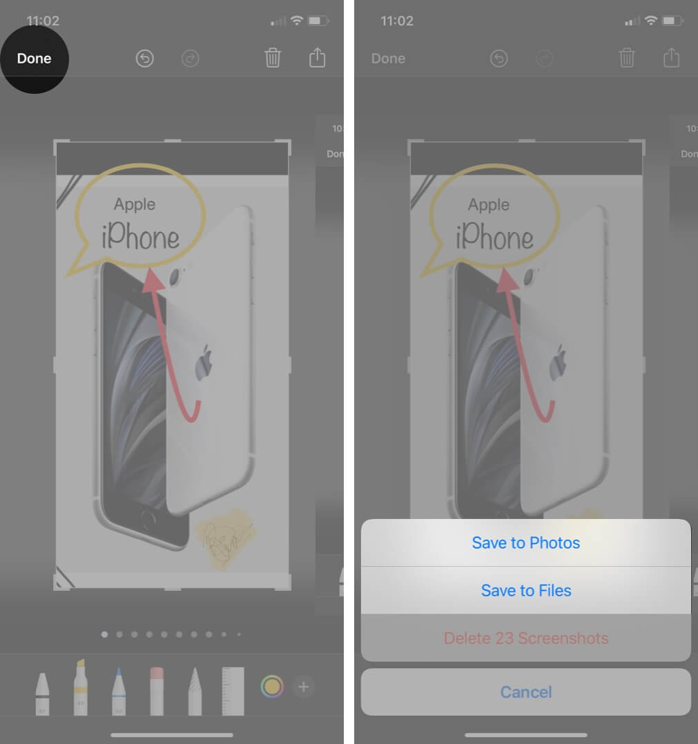 tap on done and select preferred option to save edited screenshot on iphone