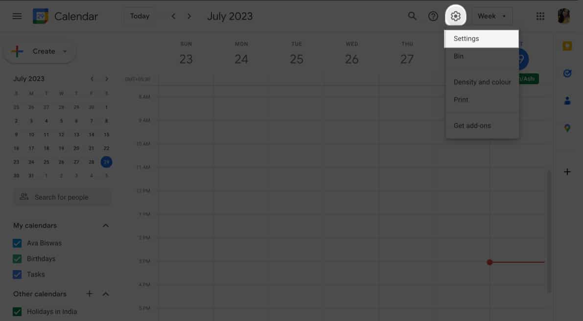 tap settings icon select settings in google calendar