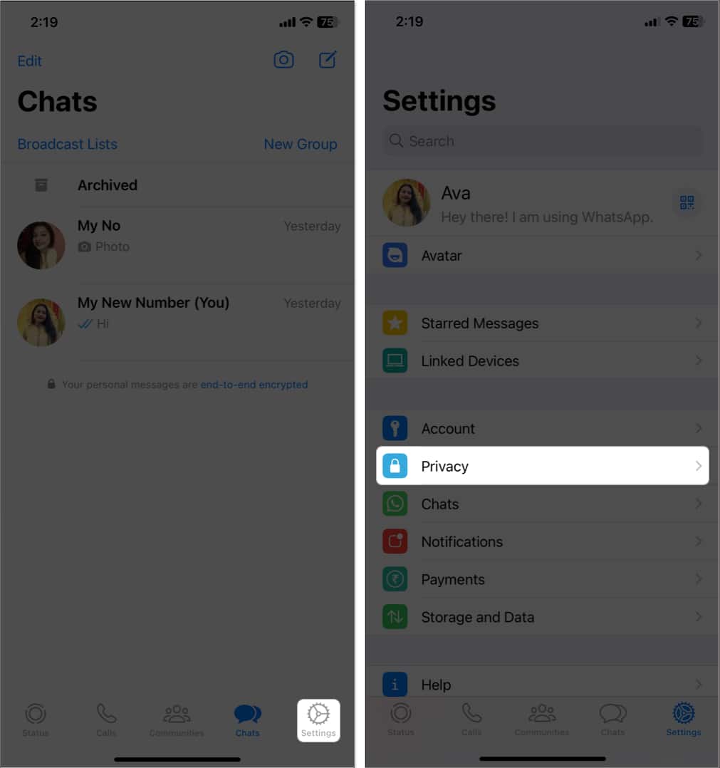 tap settings select privacy in whatsapp