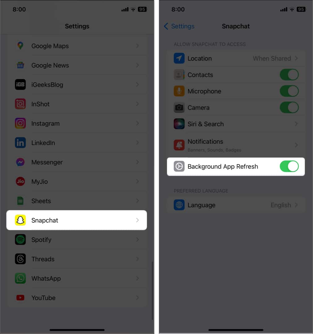 tap snapchat, toggle on background app refresh in settings