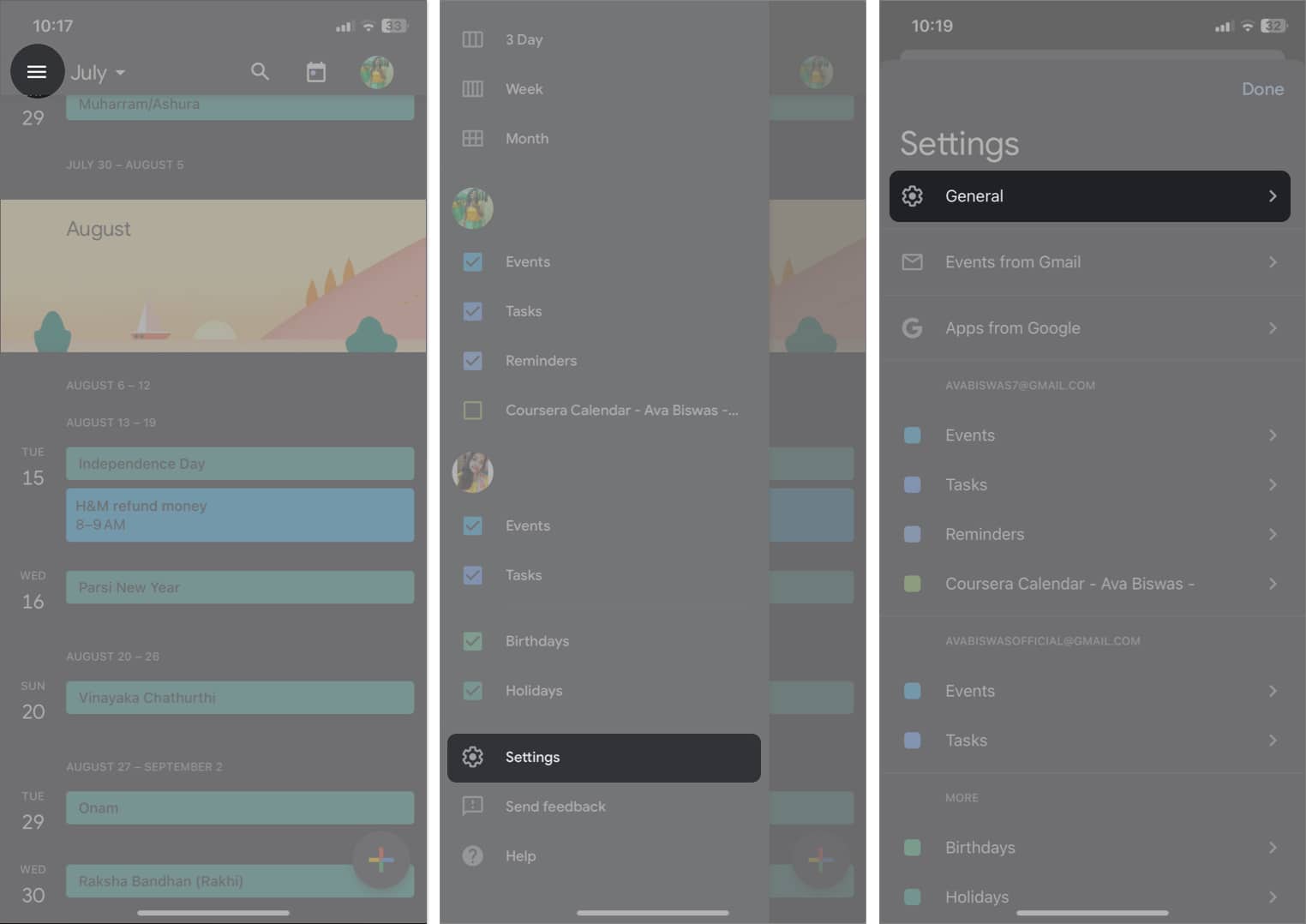 tap three lines icon tap settings tap general in google calendar