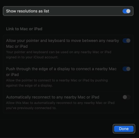 toggle on show resolutions as list, click done in settings