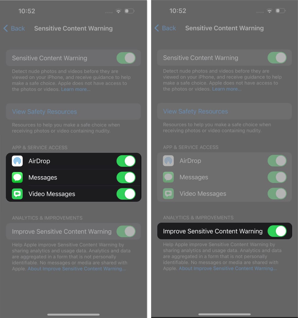 Access APP & SERVICES, toggle on Improve Sensitive Content Warning in settings
