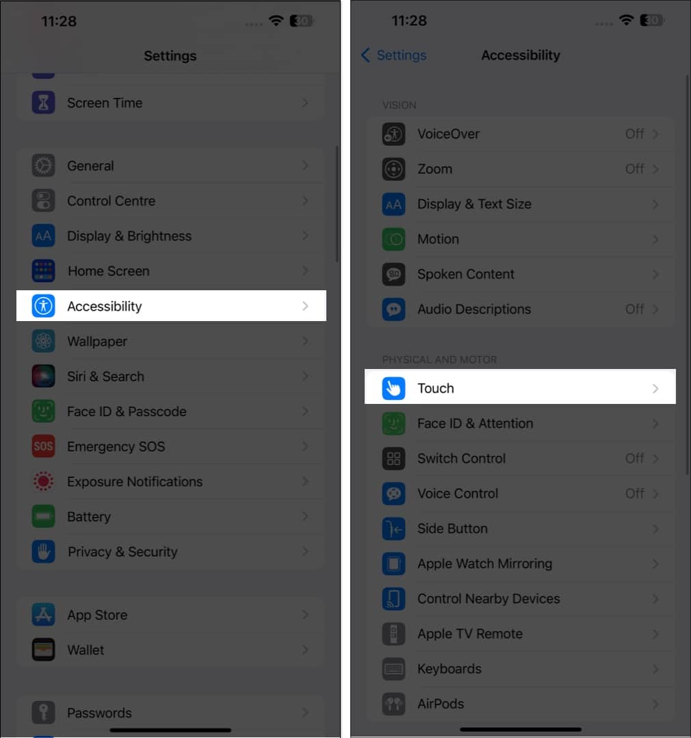 Access accessibility, touch in settings