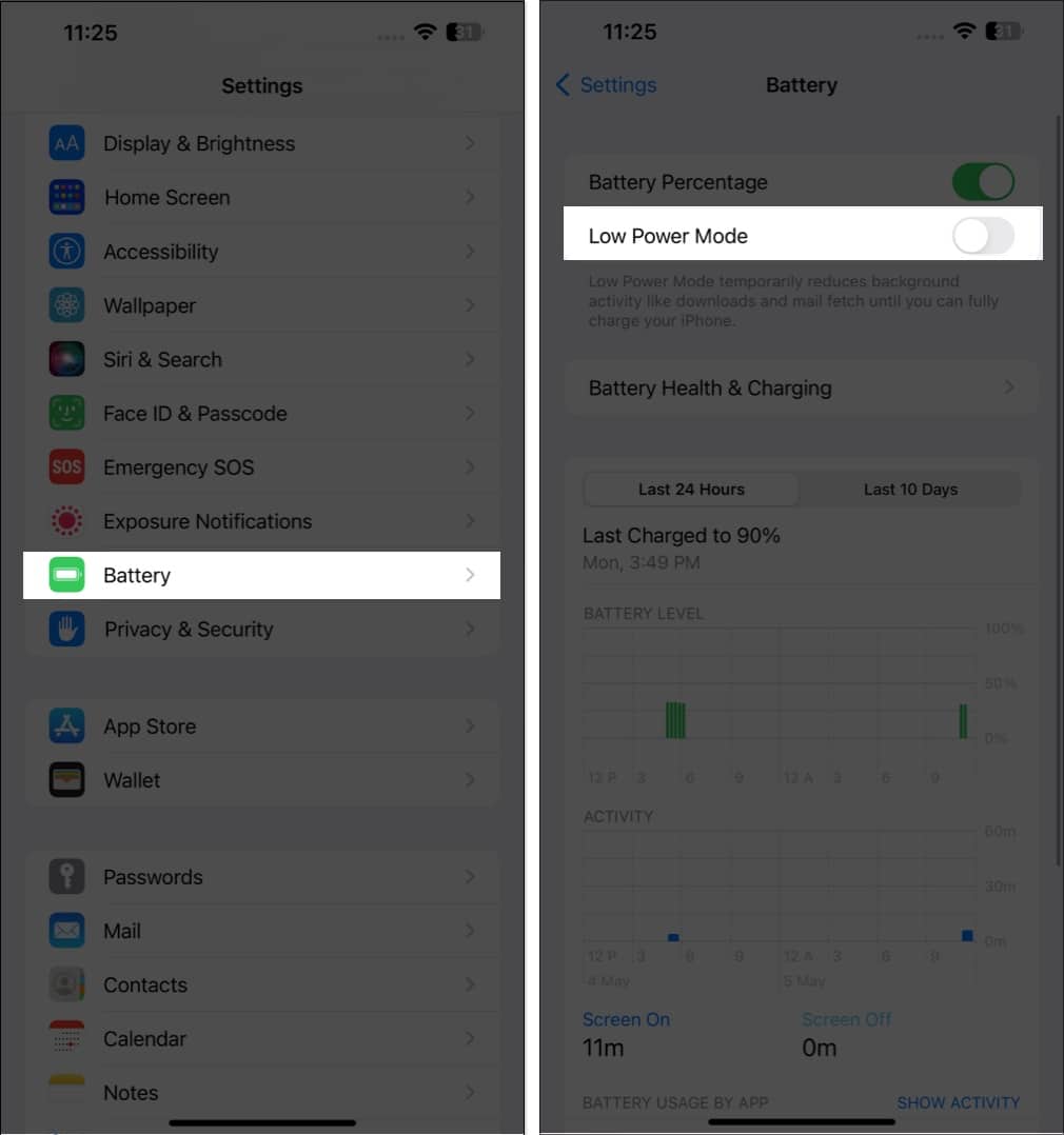 Access battery, toggle off low power mode in settings