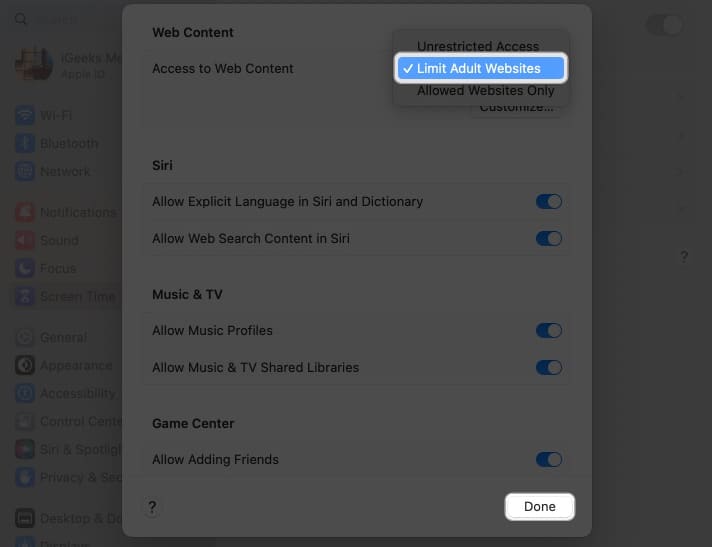 Choose Limit Adult Websites from the dropdown and confirm by clicking done