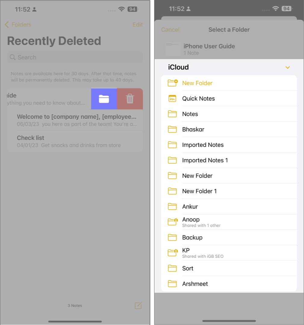 Choose the folder option, select the designated folder in notes app