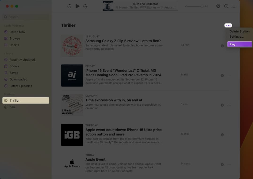 Click Thriller three dot icon Play in Podcasts