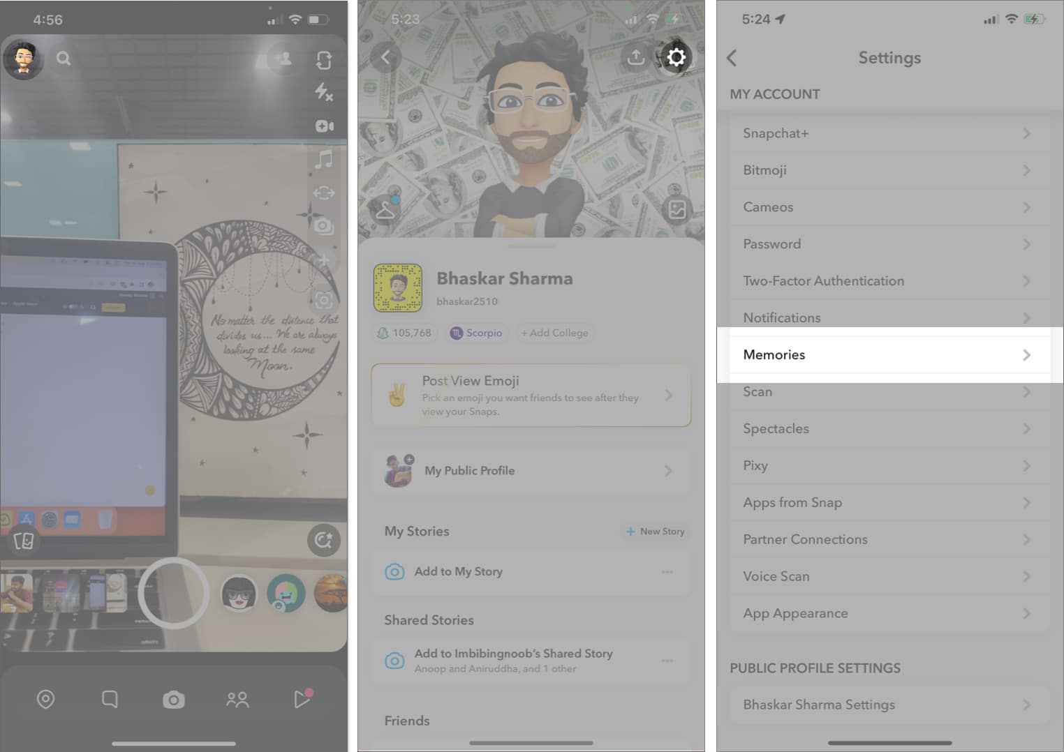 Click on your Profile icon choose Settings and go to Memories