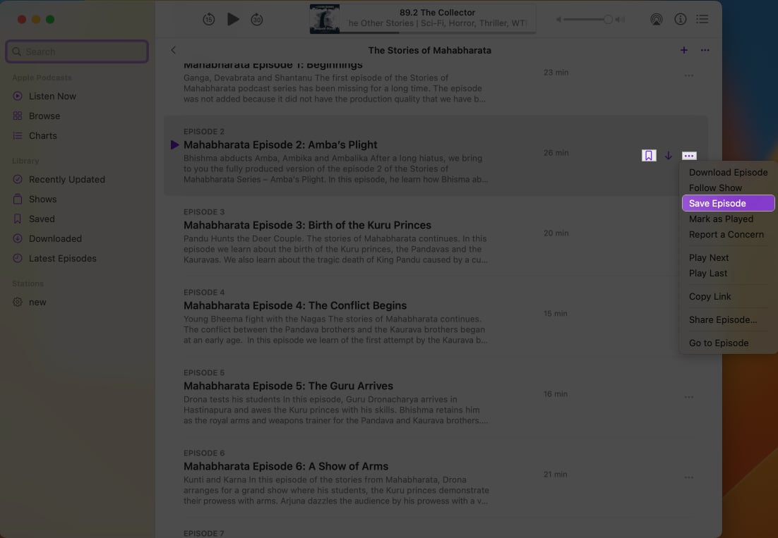 Click the save icon in podcasts save episode