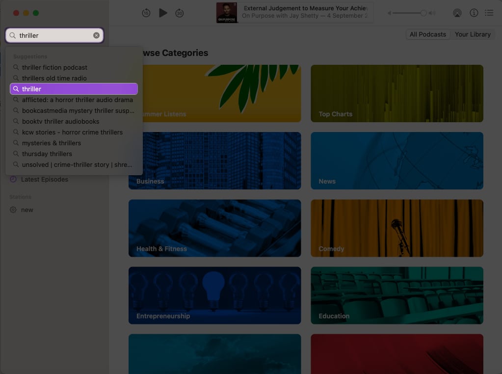 Click the search bar enter keywords in Podcasts
