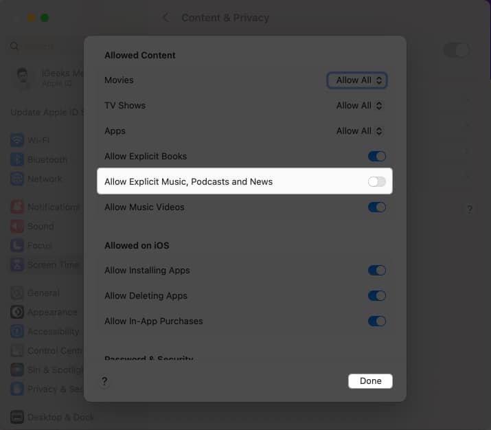 Disable Allow Explicit Music Podcasts and News