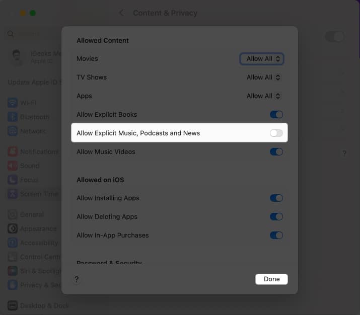 Disable Allow Explicit Music, Podcasts and News