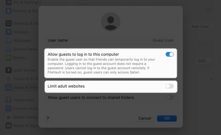 Enable Guest User and toggle on the button next to Limit Adult Websites
