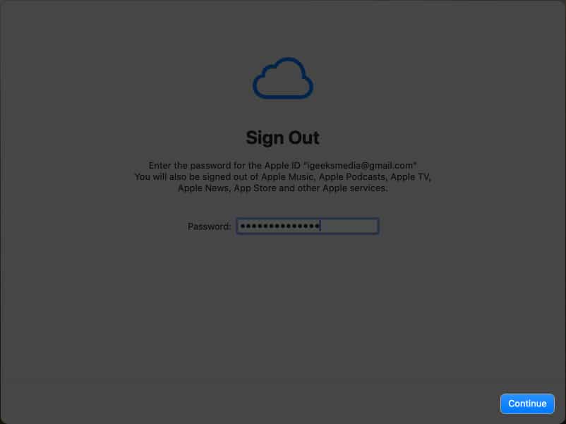 Enter Apple ID password, Continues