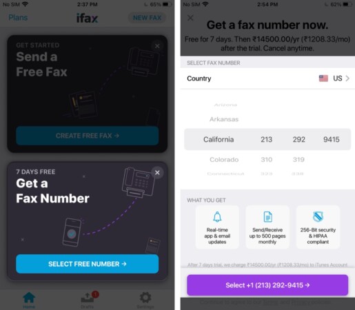 Get a Fax Number and select location in iFax iOS app