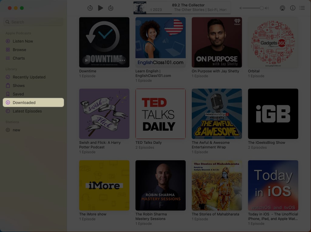 Go to downloaded menu in Podcasts