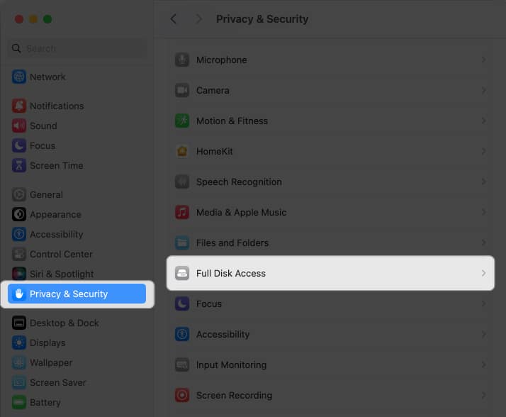 Head to Privacy & Security and select Full Disk Access