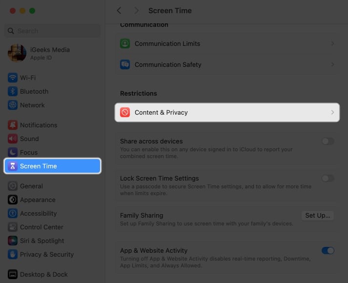 Μεταβείτε στο Screen Time και επιλέξτε Content and Privacy
