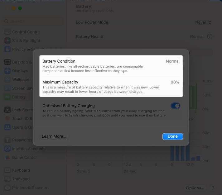Monitor Battery Condition Maximum Capacity in system settings
