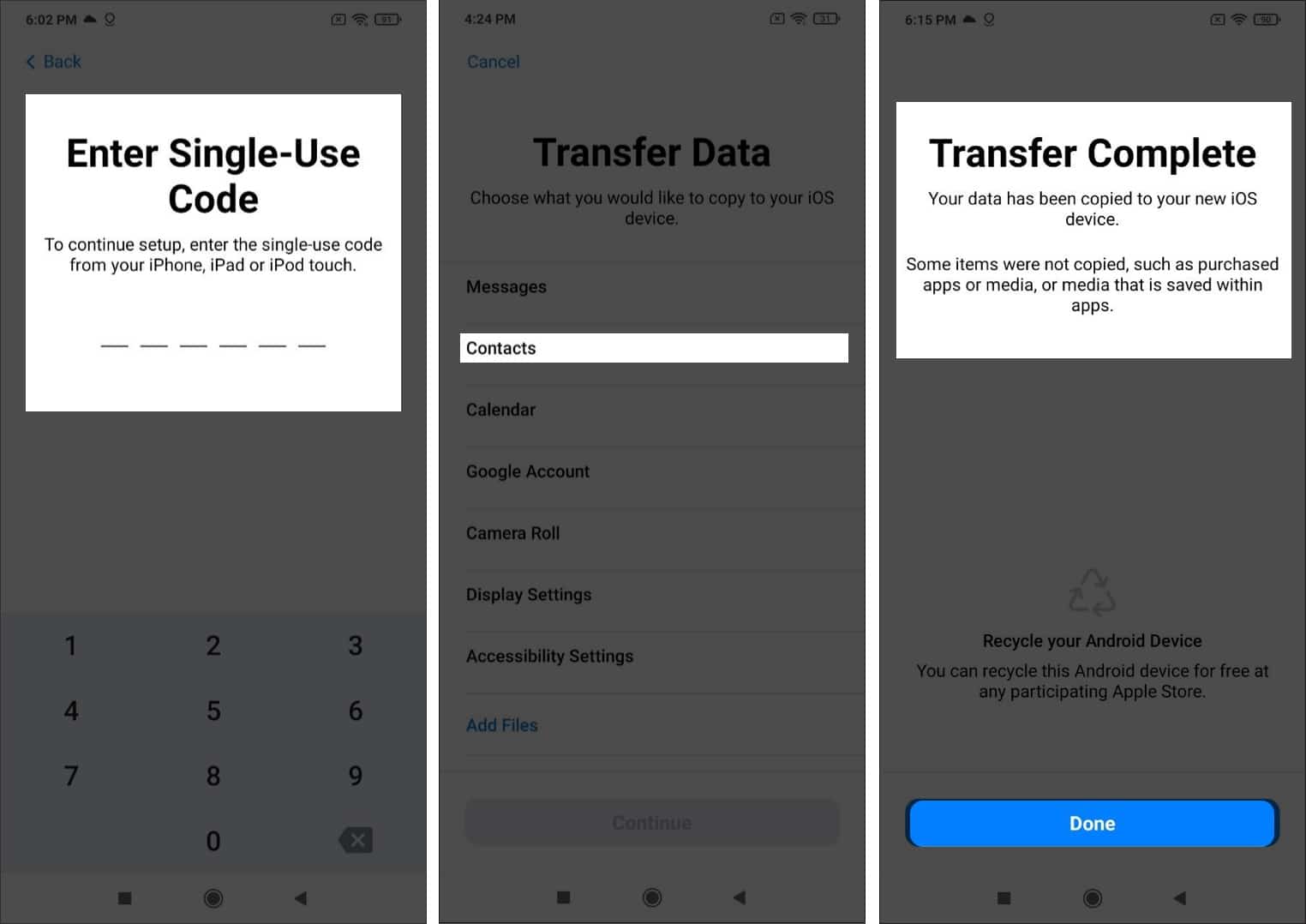 Android to iOS contacts transfer process complete on iPhone