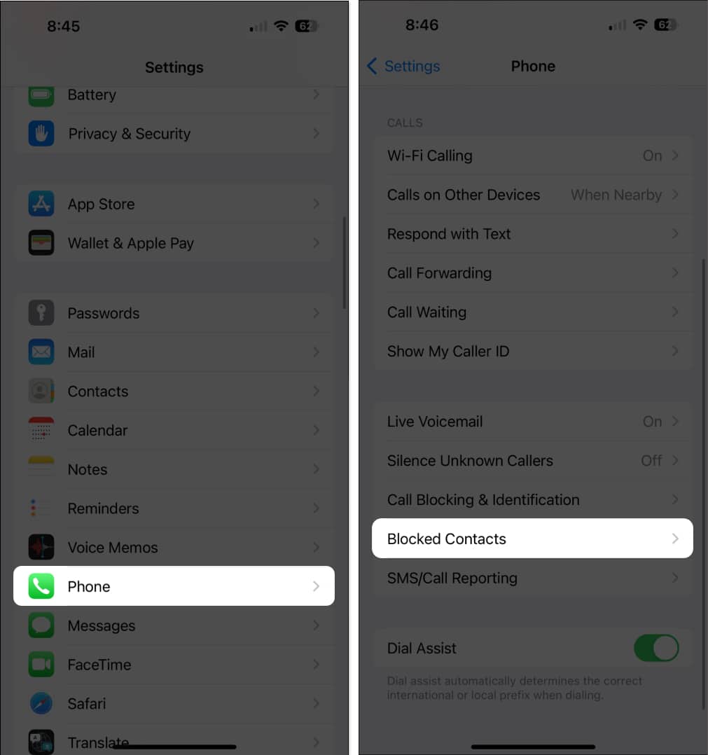 Open Settings, Phone and Tap Blocked Contacts