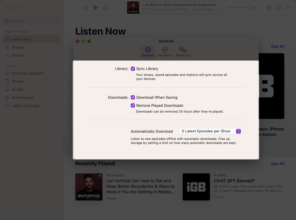 Podcasts General settings