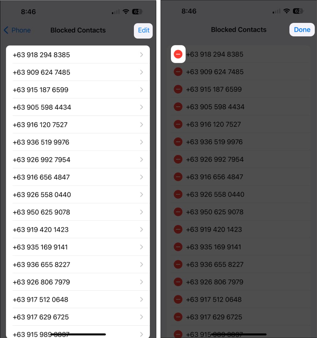 Remove blocked contacts from your blocked contacts list