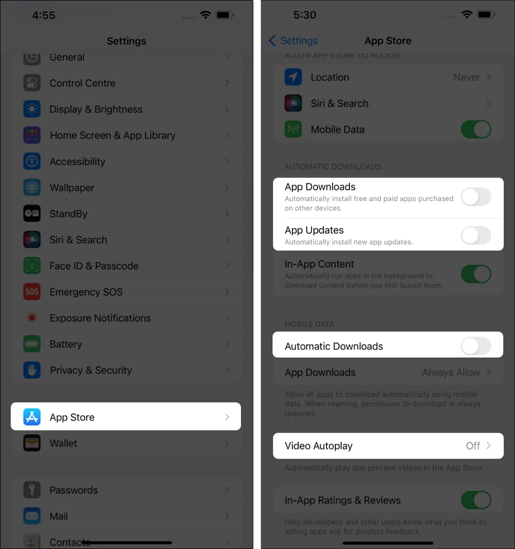 Select App Store toggle off App Downloads App Updates Automatic Downloads Video Autoplay