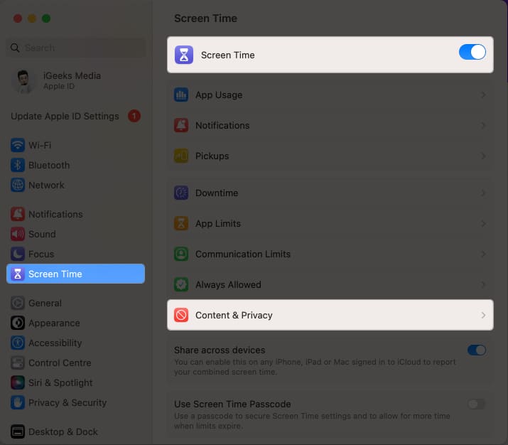 Select Content  Privacy in Screen Time