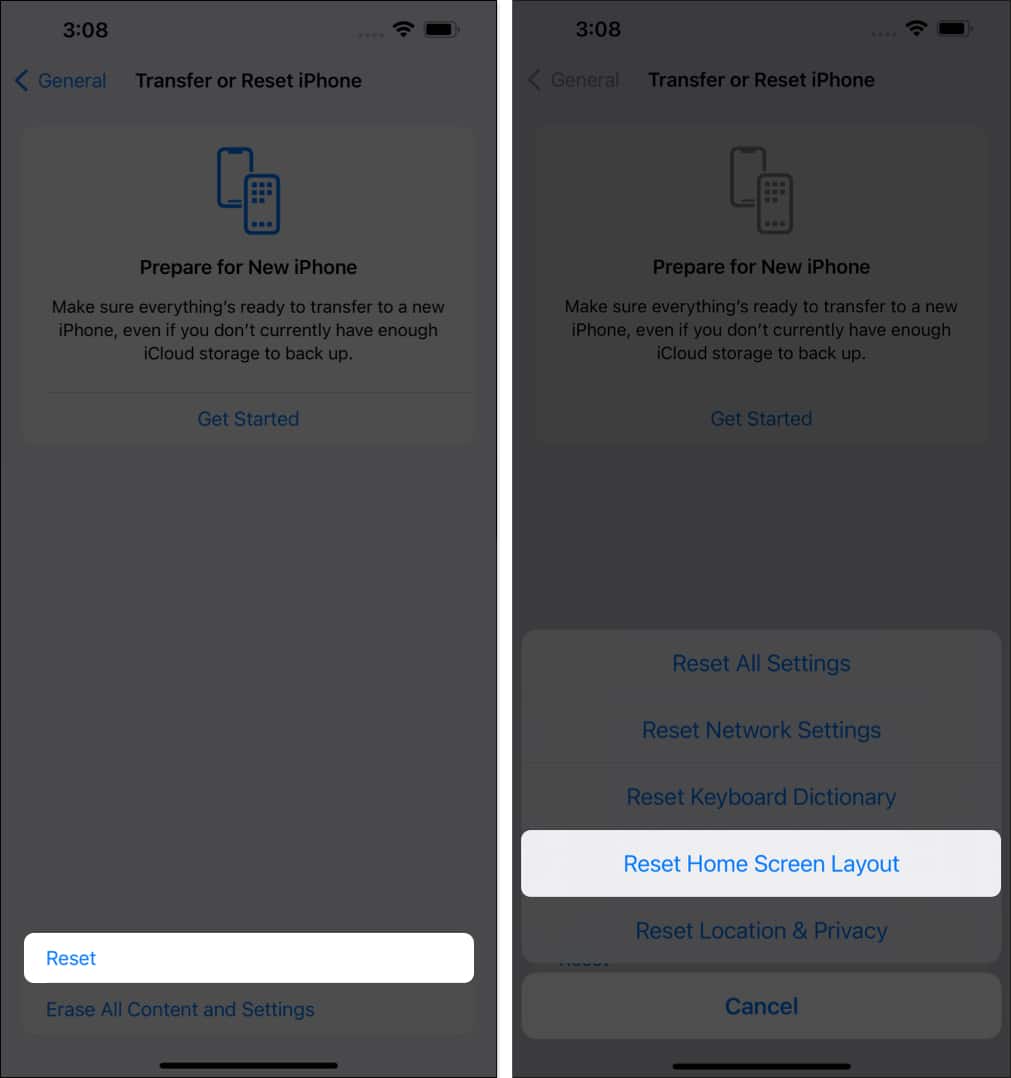 Select Reset, tap Reset Home Screen Layout