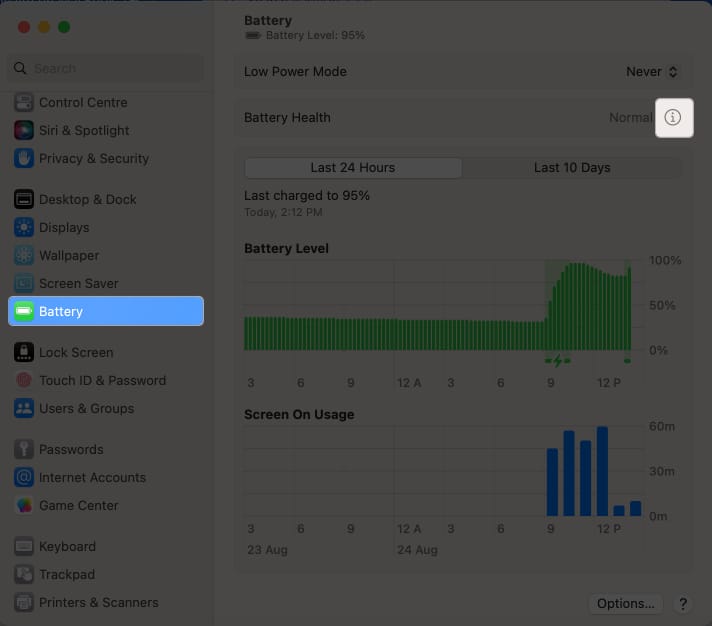 Select battery, click info icon in system settings