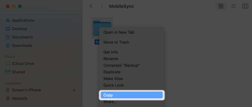 Select the Backup folder right click on it and choose Copy