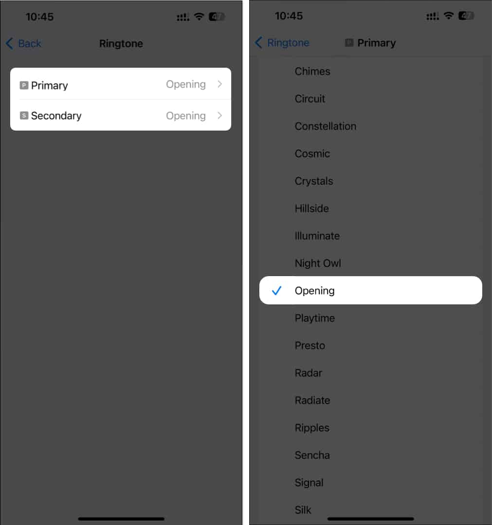 Select your Primary or Secondary SIM and select preferred ringtone