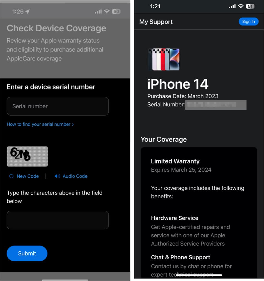 Support Page, type IMEI number, insert Captch, hit submit
