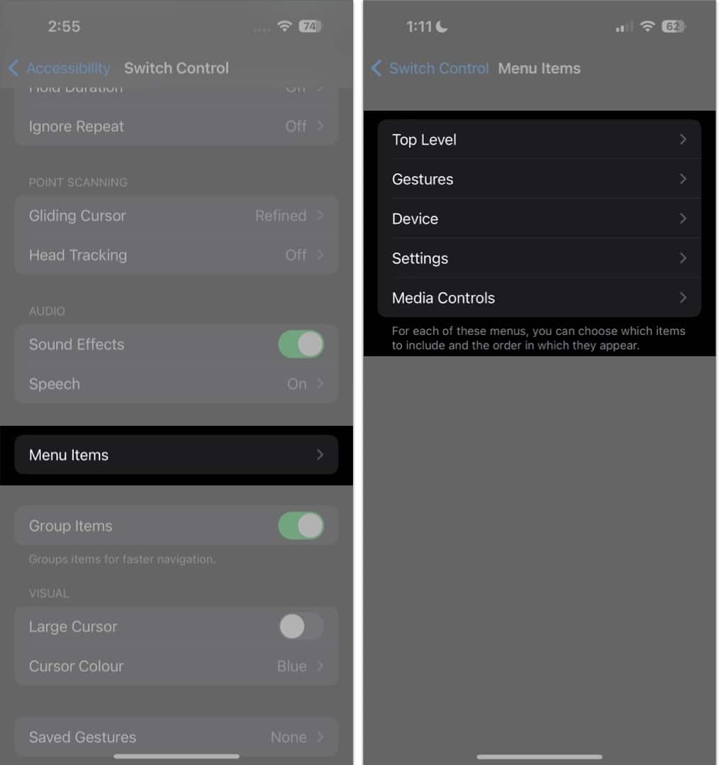 Switch control, tap Menu items to Modify the actions shown in the Scanner Menu