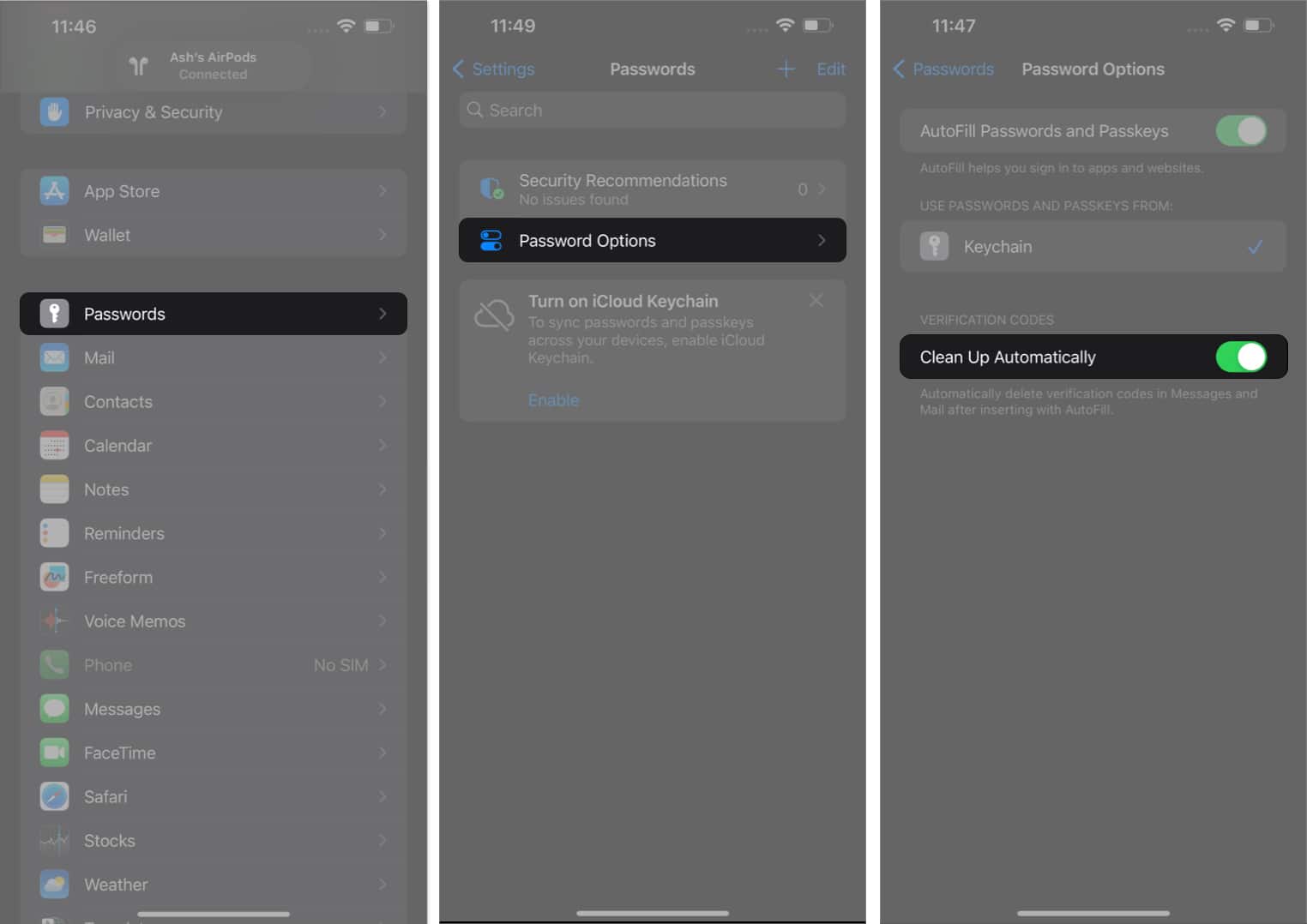 Tap Passwords, tap Password Options, enable Clean Up Automatically in settings
