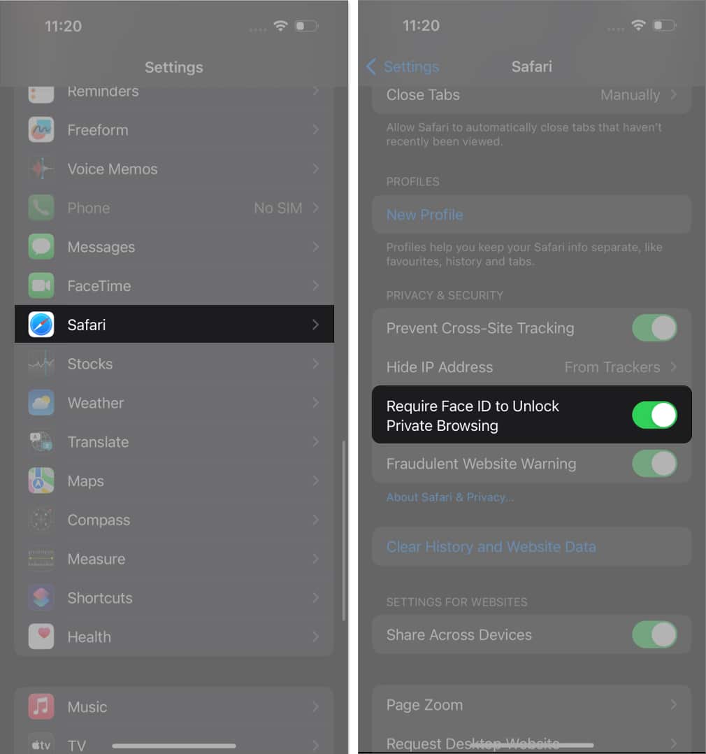 Tap Safari, toggle on Require Face ID to unlock private browsing in settings