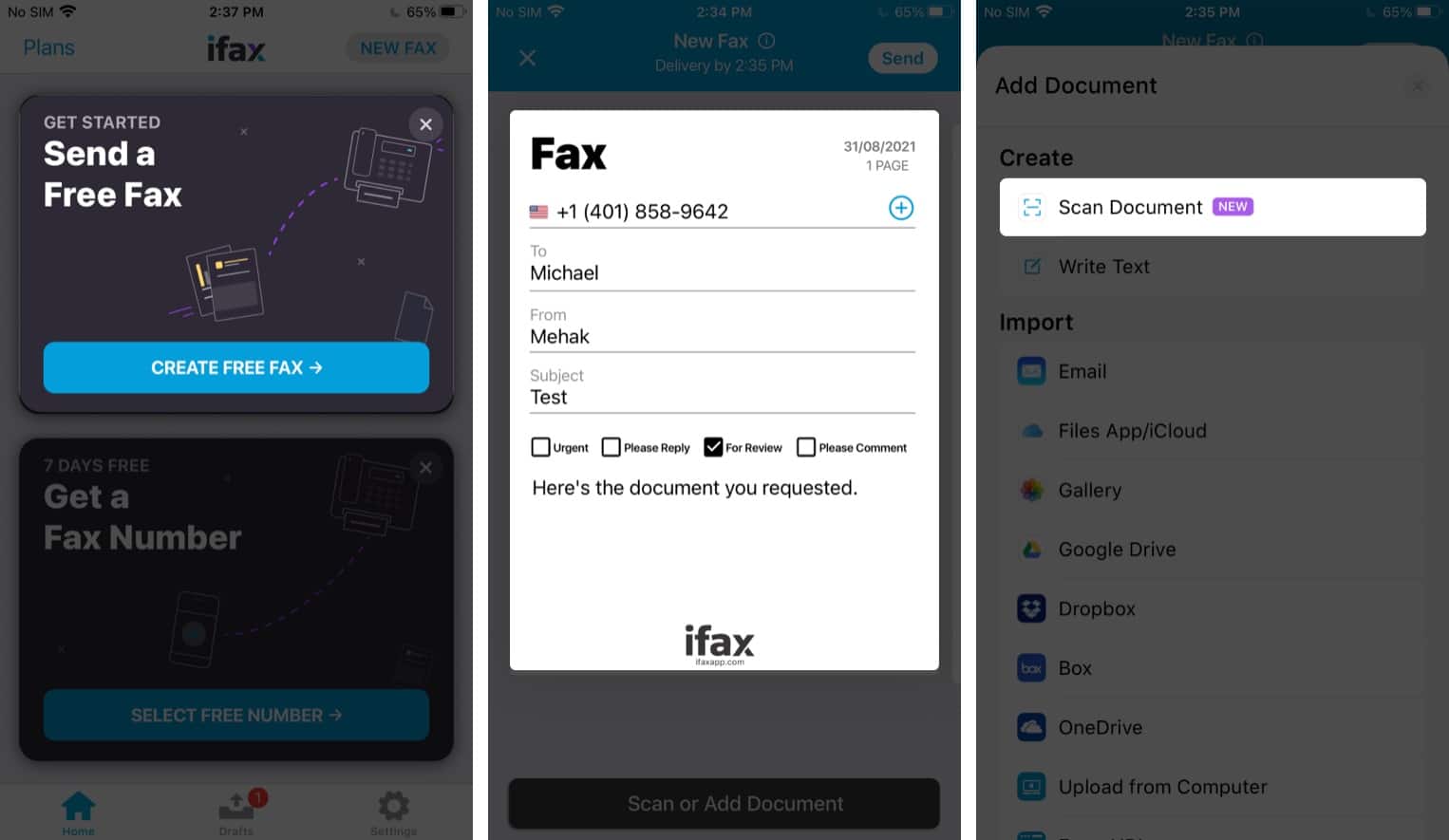 Tap Send a Free Fax in iFax app app for iPhone and iPad