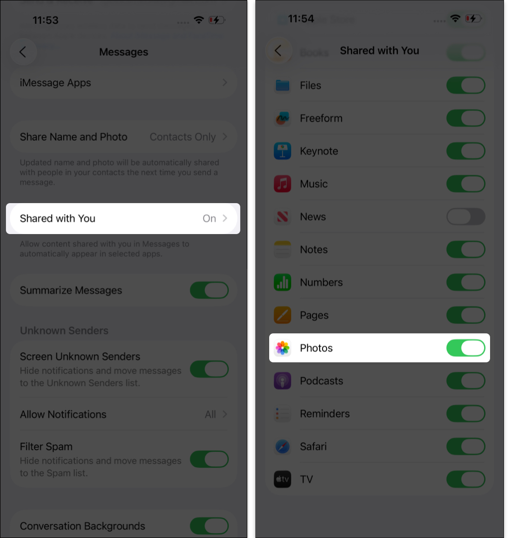 Tap Shared with you and toggle on Photos