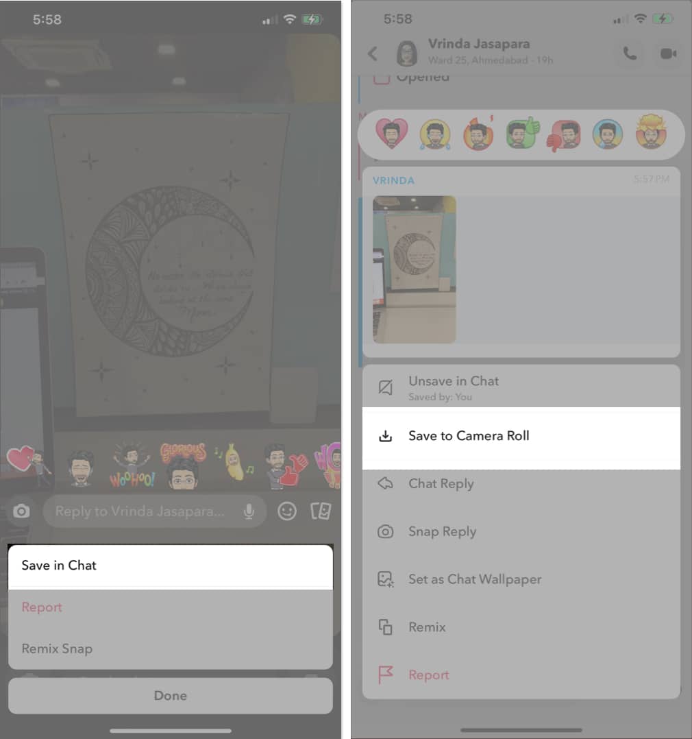 Tap and hold the snap you want to save Save in the Chat option chat tap and hold the image and select Save to Camera Roll