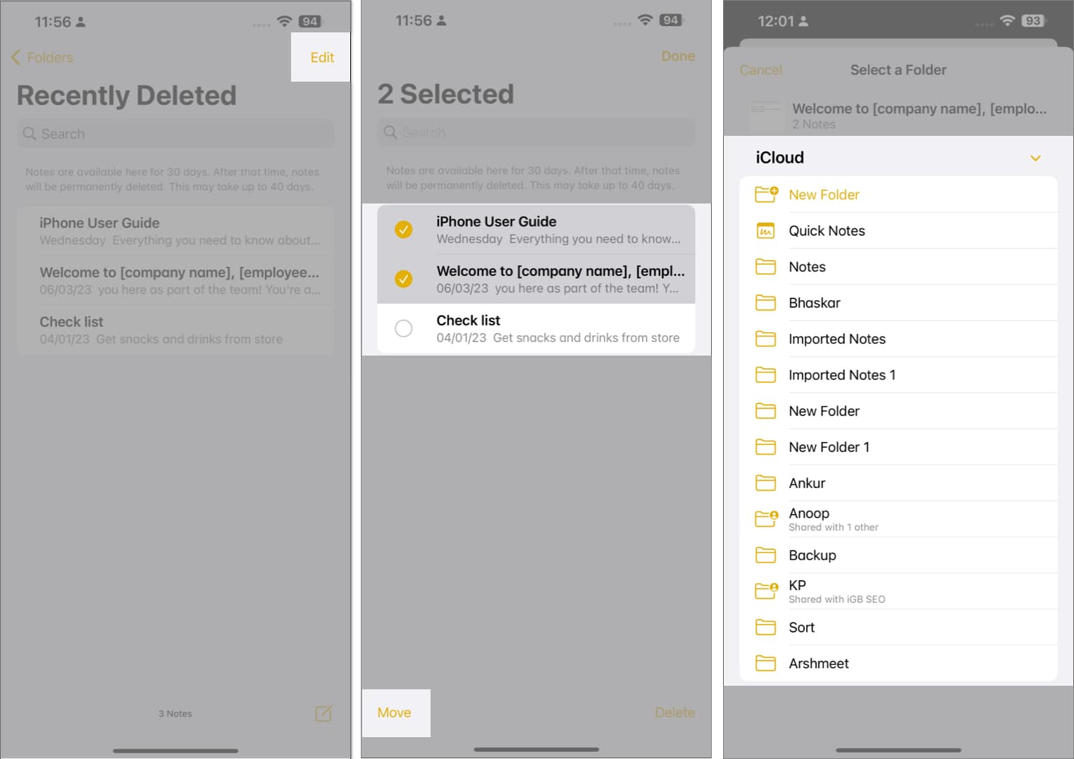 Tap edit, select multiple files, select move and choose a folder in notes app