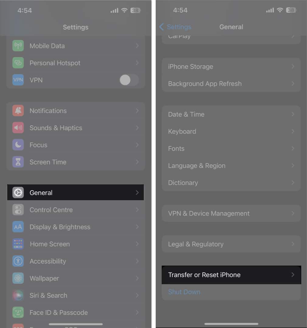 Tap general, transfer and reset iPhone in settings