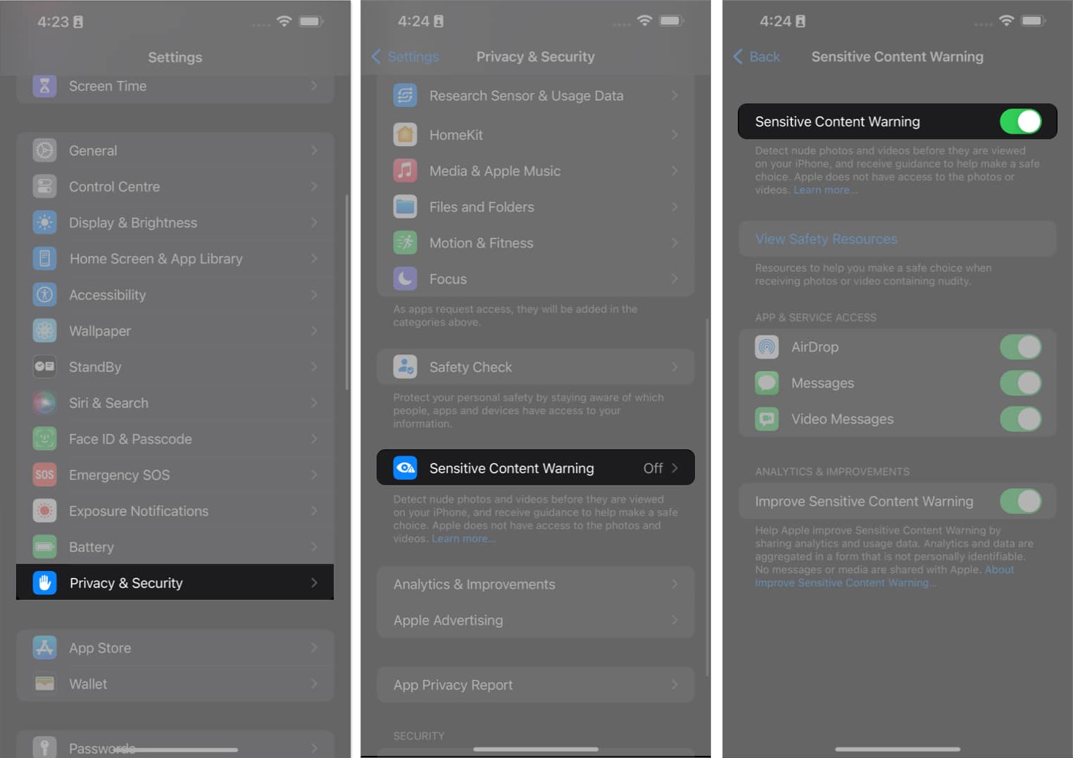 Tap privacy and security sensitive content warning toggle on the same in settings