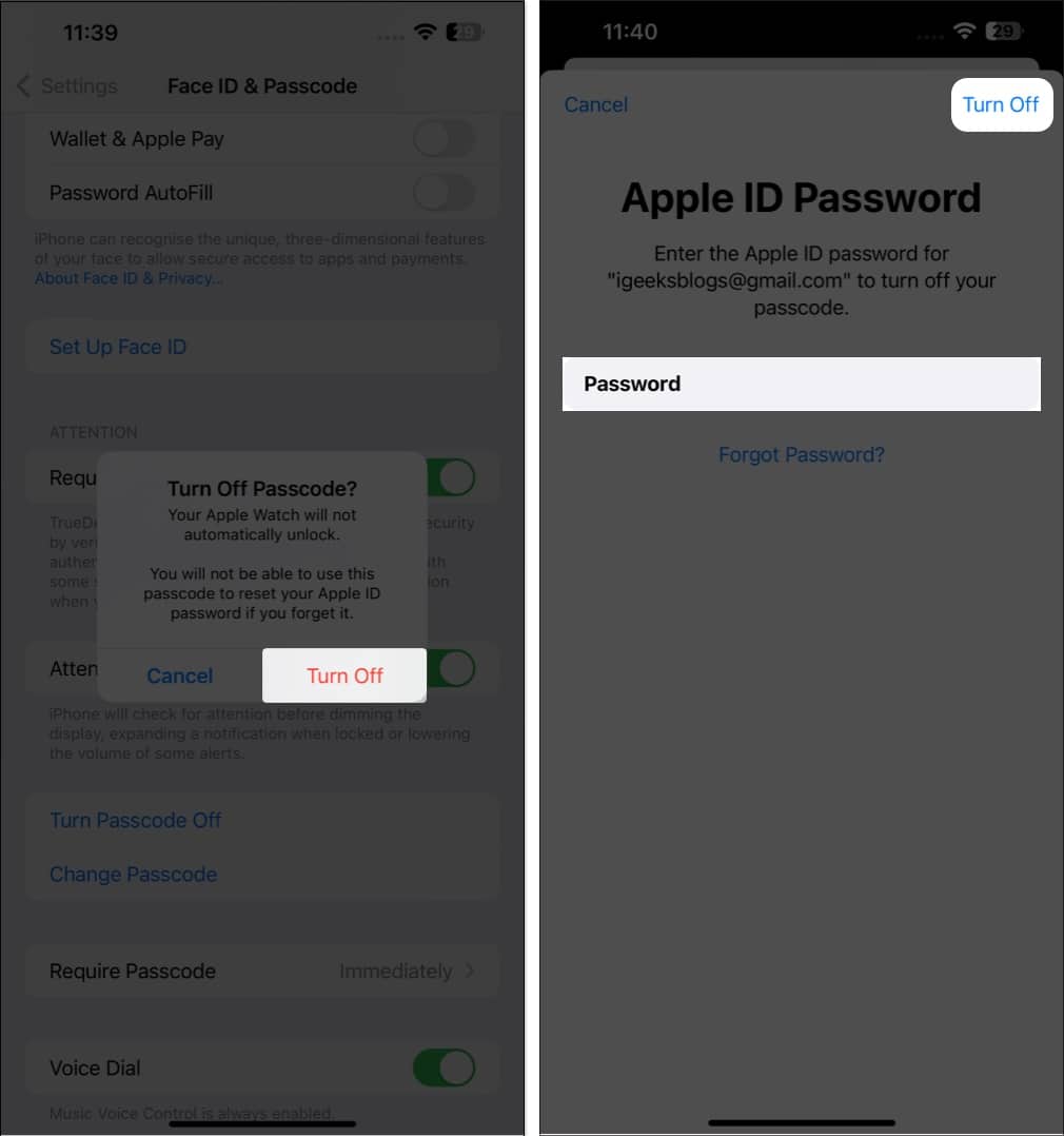 Tap turn off, enter password of your apple ID, tap turn off in settings